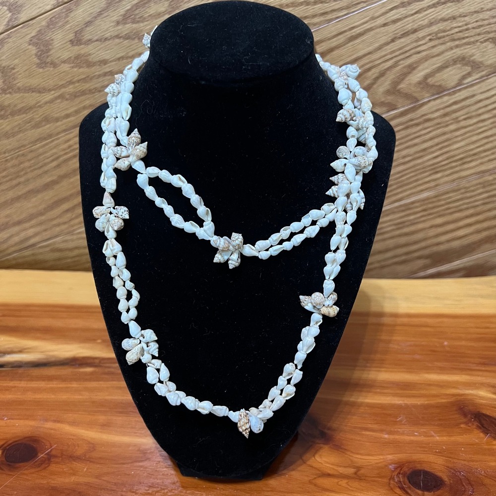 Vintage Multi Strand Shell Necklace White Brown Boho Beach Coastal 36 Inch